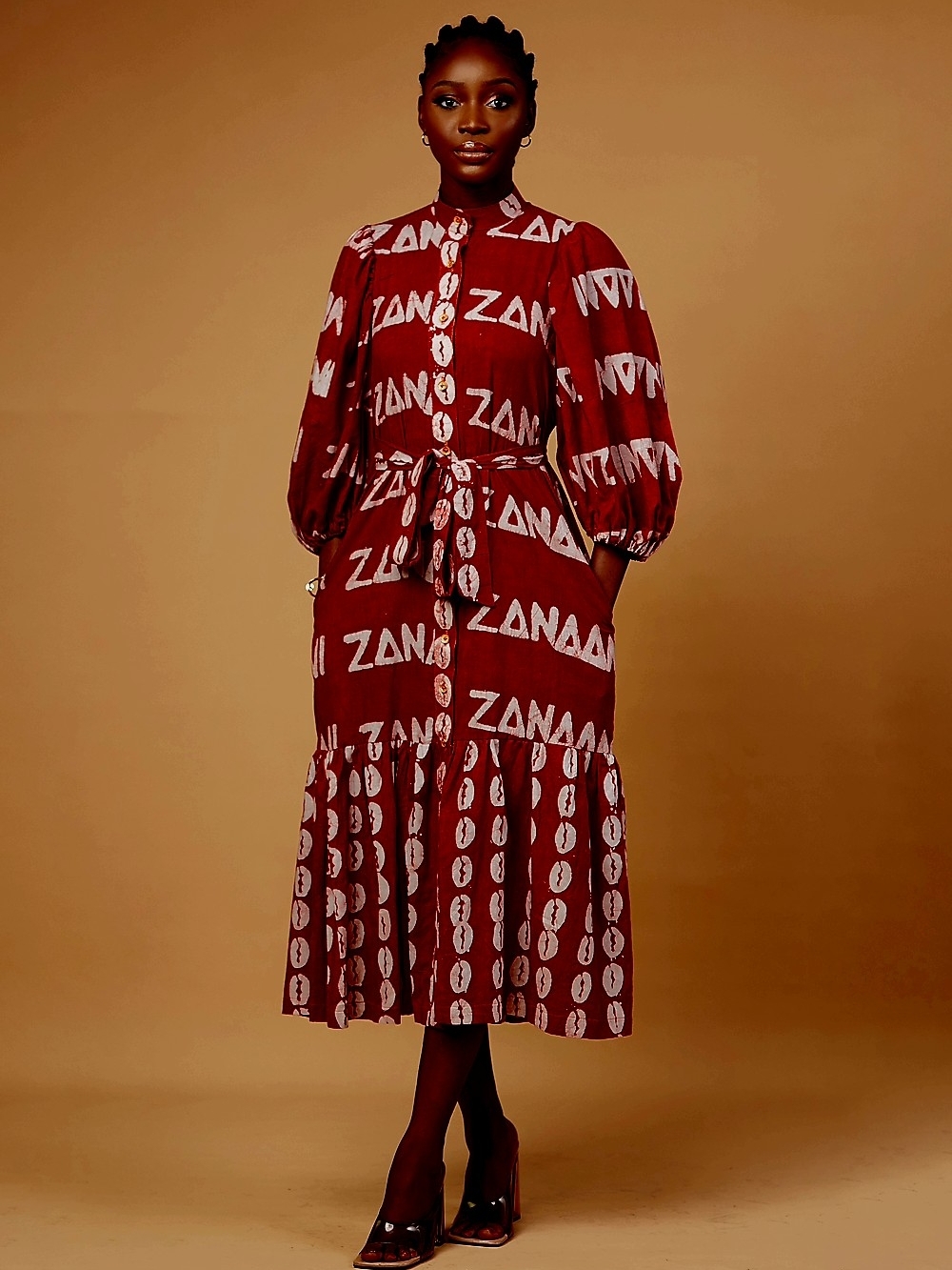 Zanaani Burgundy Graphic Button-Front Midi Dress Size Large L NEW NWT